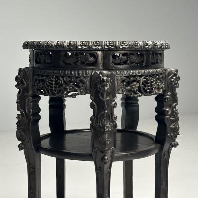 Chinese Heavily Carved Occasional Tables or Pedestals Teak Marble 1920s
