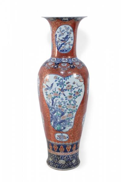 Chinese Imari Style Orange and Blue Monumental Ceramic Urn