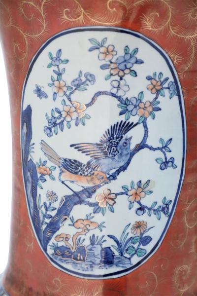 Chinese Imari Style Orange and Blue Monumental Ceramic Urn