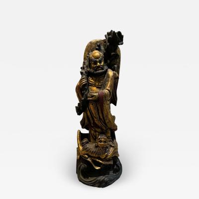 Chinese Immortal Deity Foo Dog Sculpture Carved Wood Gold Gilt Black