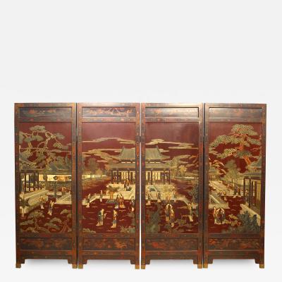 Chinese Lacquered 4 Fold Screen