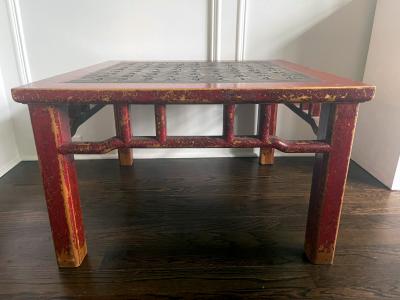 Chinese Lacquered Wood Table Stone Top with Carved Prose