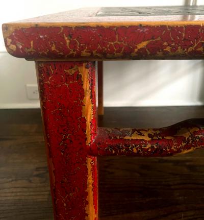 Chinese Lacquered Wood Table Stone Top with Carved Prose