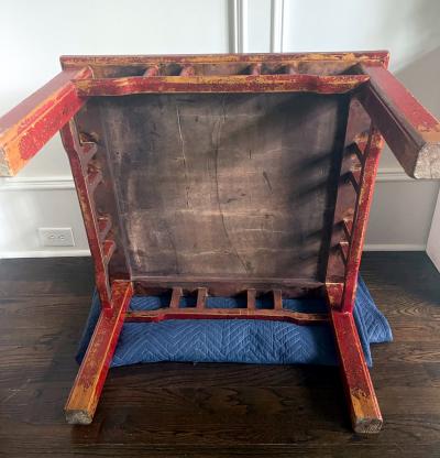 Chinese Lacquered Wood Table Stone Top with Carved Prose