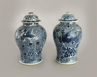 Chinese Mached Pair Blue and White Vases and Lids