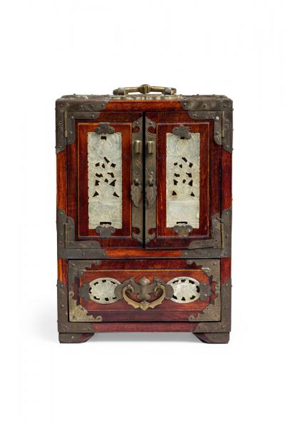 Chinese Mid Century Inlaid Metal 4 Drawer Jewelry Box Cabinet