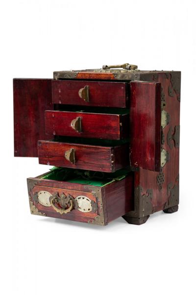 Chinese Mid Century Inlaid Metal 4 Drawer Jewelry Box Cabinet