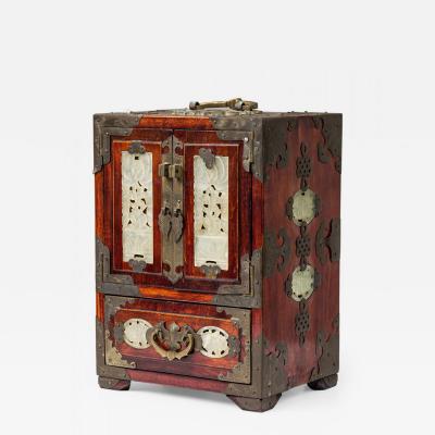 Chinese Mid Century Inlaid Metal 4 Drawer Jewelry Box Cabinet