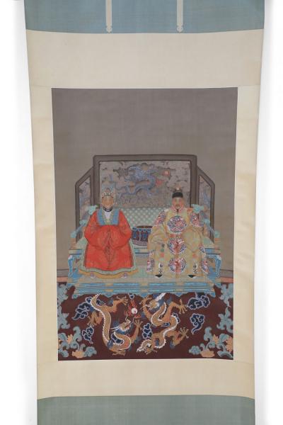 Chinese Ming Dynasty Style Paper and Silk King and Queen Portrait Hanging Scroll