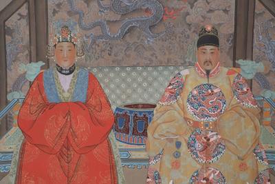Chinese Ming Dynasty Style Paper and Silk King and Queen Portrait Hanging Scroll
