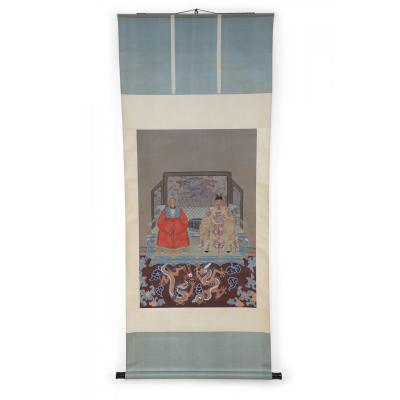 Chinese Ming Dynasty Style Paper and Silk King and Queen Portrait Hanging Scroll