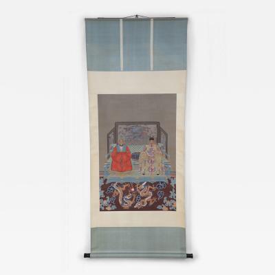 Chinese Ming Dynasty Style Paper and Silk King and Queen Portrait Hanging Scroll