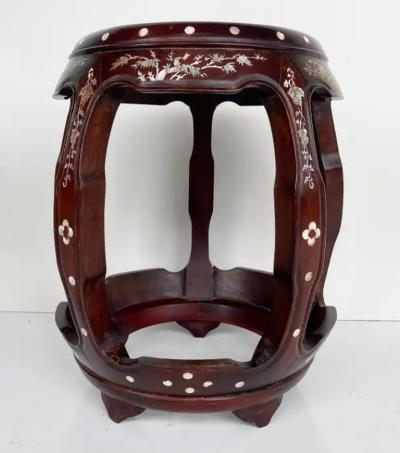 Chinese Mother of Pearl Inlaid Round Wood Drum Side Table