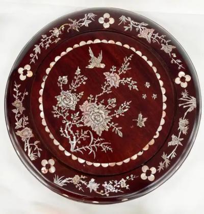 Chinese Mother of Pearl Inlaid Round Wood Drum Side Table