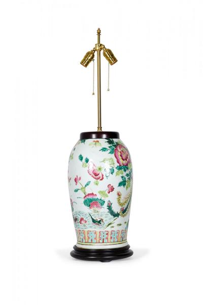 Chinese Multi Colored Famille Rose and Bird Design Porcelain Vase Table Lamp