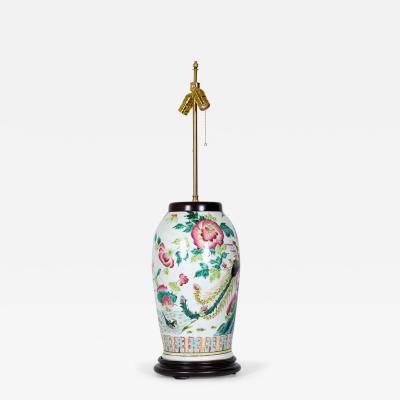 Chinese Multi Colored Famille Rose and Bird Design Porcelain Vase Table Lamp
