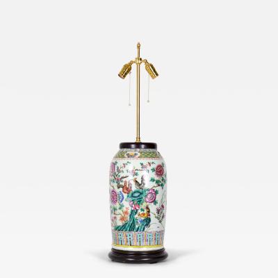 Chinese Multi Colored Famille Rose and Bird Design Porcelain Vase Table Lamp