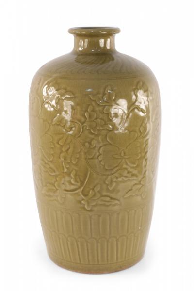 Chinese Mustard Colored and Tonal Patterned Meiping Porcelain Vase