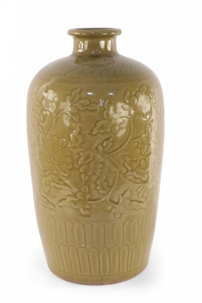 Chinese Mustard Colored and Tonal Patterned Meiping Porcelain Vase