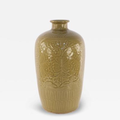 Chinese Mustard Colored and Tonal Patterned Meiping Porcelain Vase
