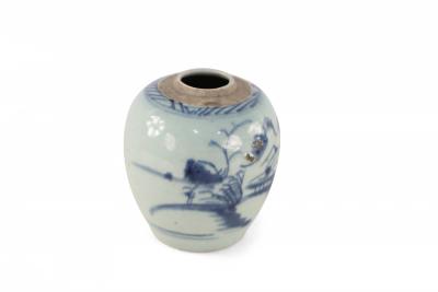 Chinese Off White and Blue Pastoral Scene Porcelain Jar