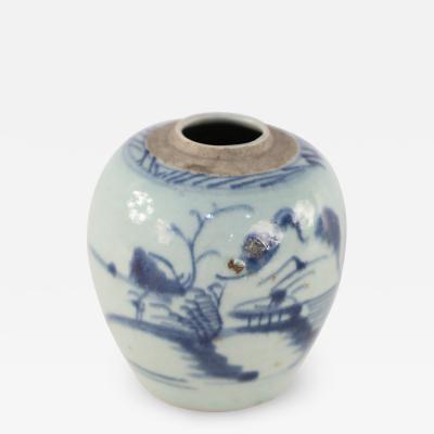 Chinese Off White and Blue Pastoral Scene Porcelain Jar