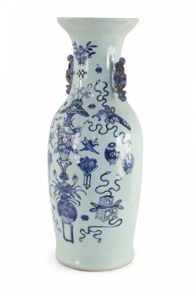 Chinese Off White and Blue Symbol Patterned Porcelain Urn