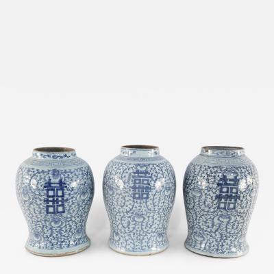Chinese Off White and Blue Vine Character Porcelain Urn Vases