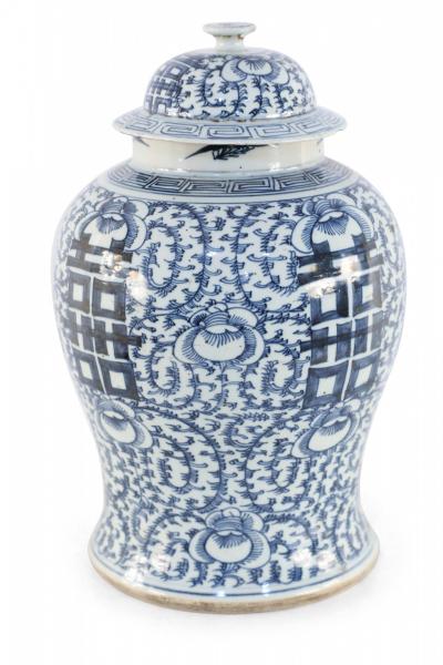 Chinese Off White and Blue Vine Lidded Porcelain Ginger Jar