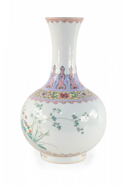 Chinese Off White and Botanical Design Globular Porcelain Vase