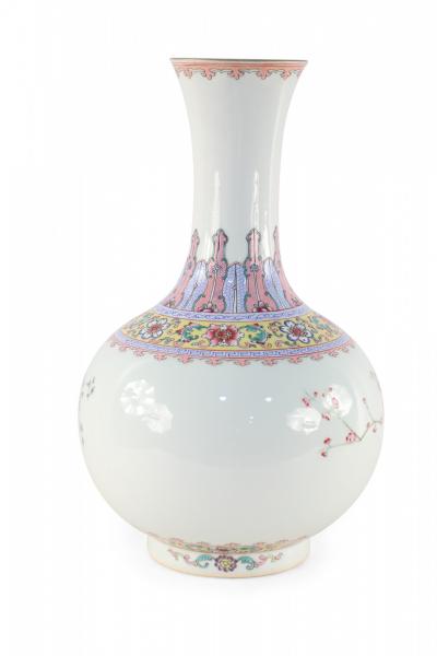 Chinese Off White and Botanical Design Globular Porcelain Vase