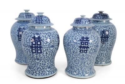 Chinese Off White and Light Blue Vine Pattern Lidded Porcelain Ginger Jars