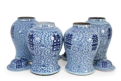 Chinese Off White and Light Blue Vine Pattern Lidded Porcelain Ginger Jars