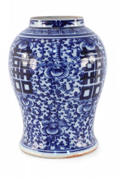 Chinese Off White and Navy Vine Motif Porcelain Urn Vase