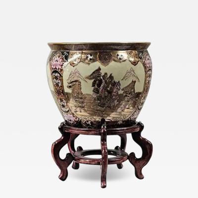 Chinese Oriental Ceramic Fish Bowl Jardiniere or Planter On Rosewood Stand