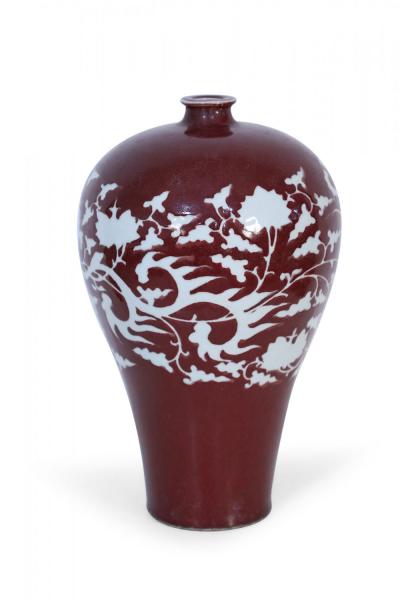 Chinese Oxblood and White Natural Motif Meiping Porcelain Vase