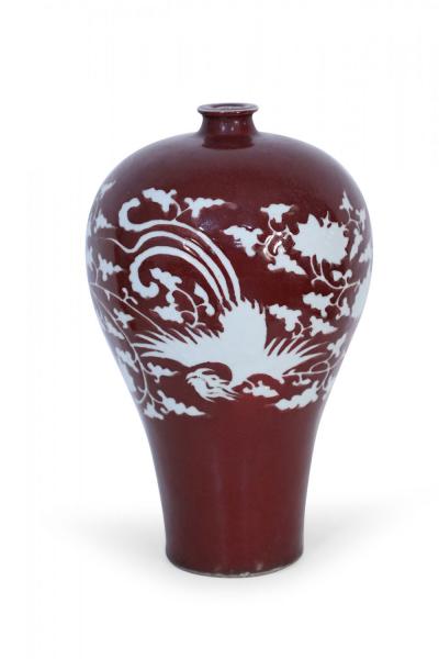 Chinese Oxblood and White Natural Motif Meiping Porcelain Vase