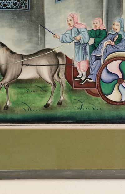 Chinese Painting on Pith Paper of Riders in a Carriage circa 1840