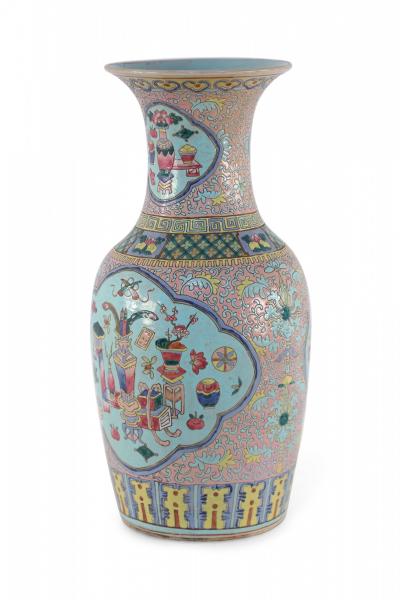 Chinese Pink Floral and Blue Cartouche Porcelain Urn
