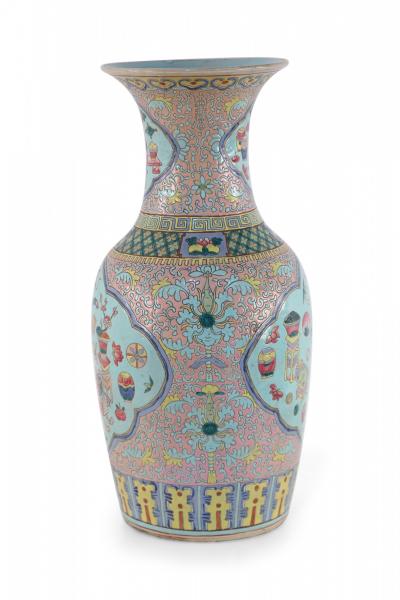 Chinese Pink Floral and Blue Cartouche Porcelain Urn