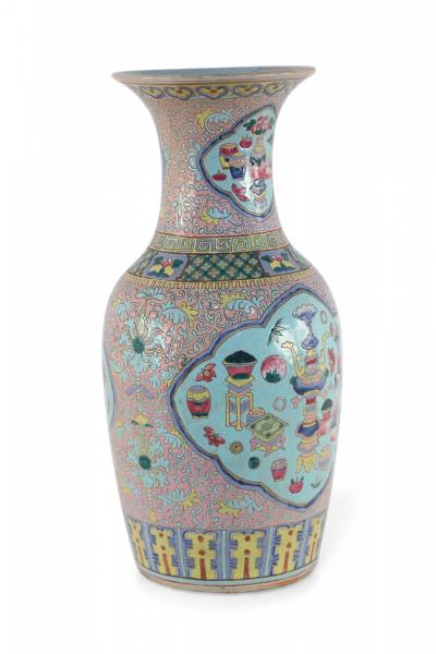 Chinese Pink Floral and Blue Cartouche Porcelain Urn