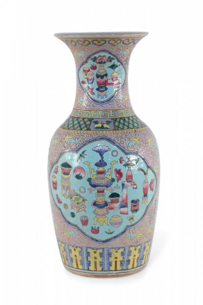 Chinese Pink Floral and Blue Cartouche Porcelain Urn