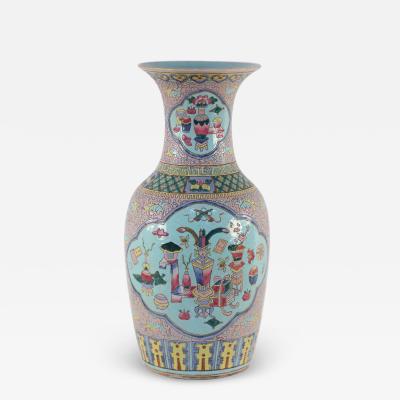 Chinese Pink Floral and Blue Cartouche Porcelain Urn