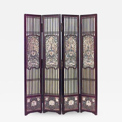 Chinese Polychromed 4 Fold Screen