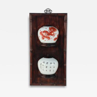 Chinese Porcelain Foo Dog Split Vase Wooden Wall Plaque