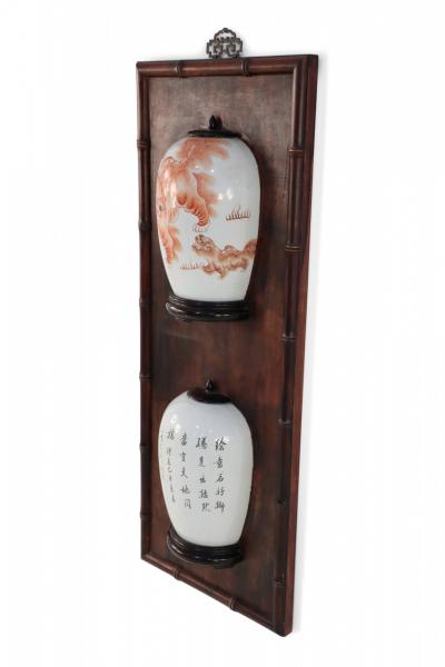 Chinese Porcelain and Wood Foo Dog Design Split Vase Wall Plaque