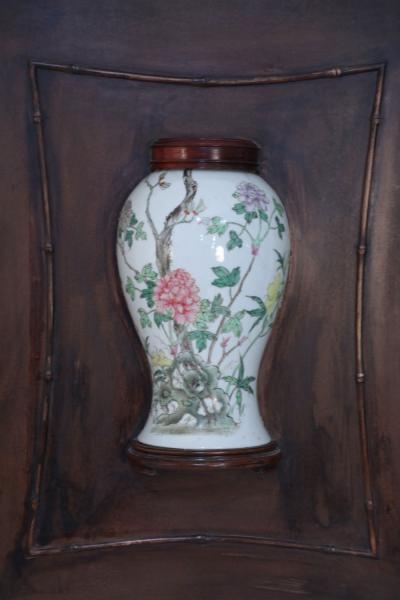 Chinese Porelain Famille Rose Vase and Wood Wall Plaque