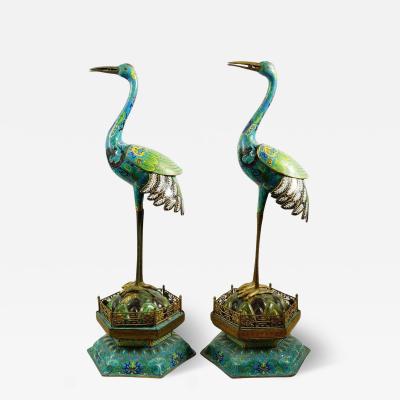 Chinese Qing Cloisonne Enamel Crane Figurines 19Th C