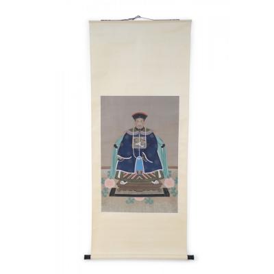Chinese Qing Dynasty Style Paper and Silk King Portrait Hanging Scrolls