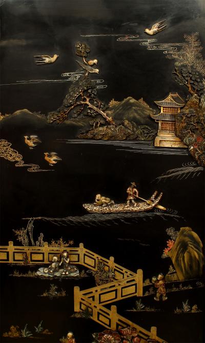 Chinese Quing Dynasty Polychrome Lacquered 4 Fold Screen